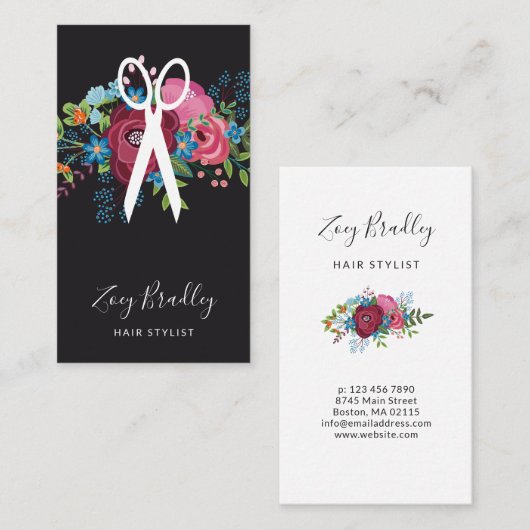 バーガンディのピンクの青い花束は美容師を切ります 名刺 (正面/裏面)