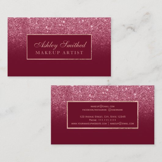バーガンディのモダンで赤いグリッターのグラデーションな化粧 名刺 (正面/裏面)