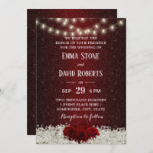 バーガンディのモダンな赤いグリッターのばら色の花の結婚式 招待状 (正面/裏面)