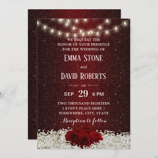 バーガンディのモダンな赤いグリッターのばら色の花の結婚式 招待状 (正面/裏面)