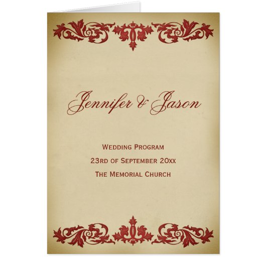 バーガンディのヴィンテージの葉スクロール結婚式プログラム (正面)