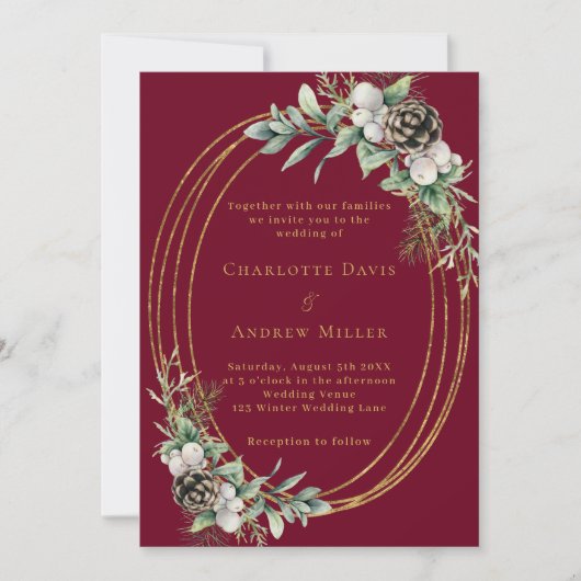 バーガンディの円錐松の緑の金ゴールドフレーム結婚ズ 招待状 (正面)