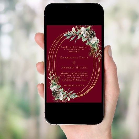 バーガンディの円錐松の緑の金ゴールドフレーム結婚ズ 招待状