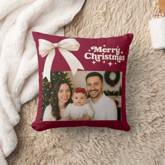 バーガンディの写真クリームボウのクリスマス クッション (ブランケット)