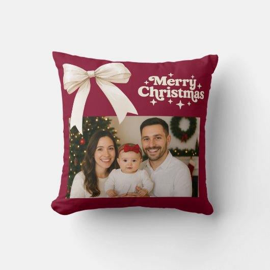 バーガンディの写真クリームボウのクリスマス クッション (正面)