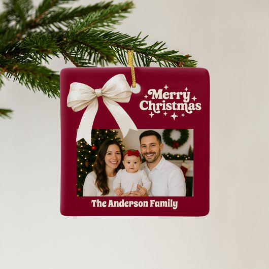 バーガンディの写真クリームボウのクリスマス セラミックオーナメント