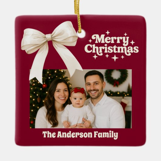 バーガンディの写真クリームボウのクリスマス セラミックオーナメント (正面)