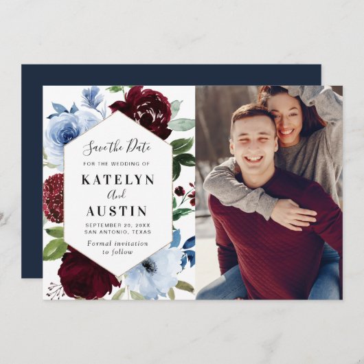 バーガンディの埃っぽいブルーのフローラは日付カードを保存 セーブザデート (正面/裏面)