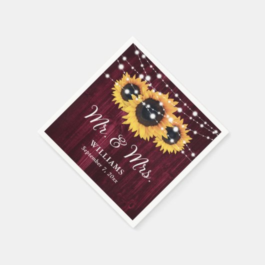 バーガンディの木の弦ライトひまわり結婚の花 スタンダードカクテルナプキン (角)