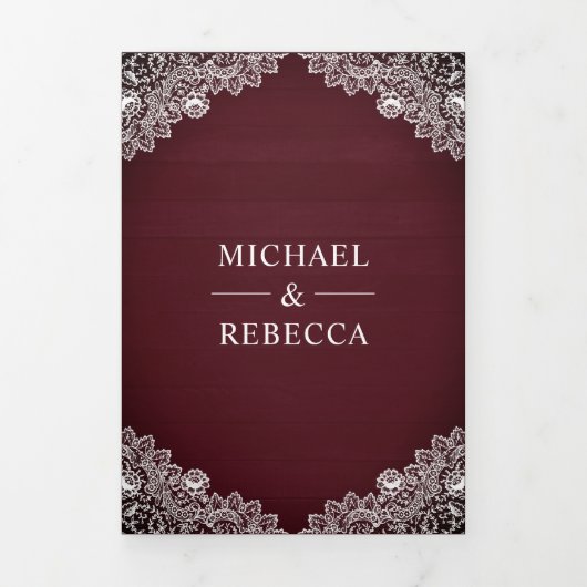 バーガンディの木の馬蹄形のレース結婚の写真 三つ折り招待状 (カバー)