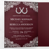 バーガンディの木の馬蹄形のレース結婚の写真 三つ折り招待状 (内部最初)