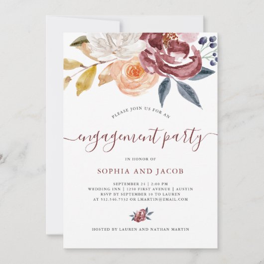 バーガンディの水彩画の花柄|の婚約パーティ 招待状 (正面)