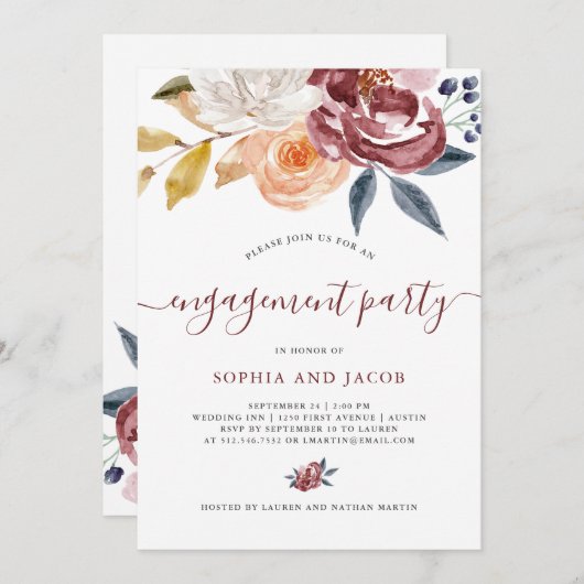 バーガンディの水彩画の花柄|の婚約パーティ 招待状 (正面/裏面)