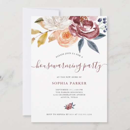 バーガンディの水彩画の花柄|の引っ越し祝いパーティーのパーティー 招待状 (正面)