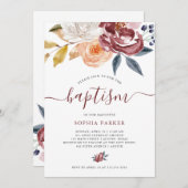 バーガンディの水彩画の花柄|の洗礼 招待状 (正面/裏面)
