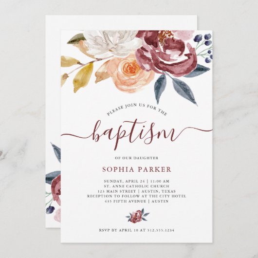 バーガンディの水彩画の花柄|の洗礼 招待状 (正面/裏面)