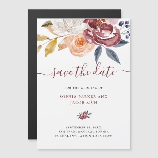 バーガンディの水彩画の花柄|の結婚の保存日付 (正面/裏面)