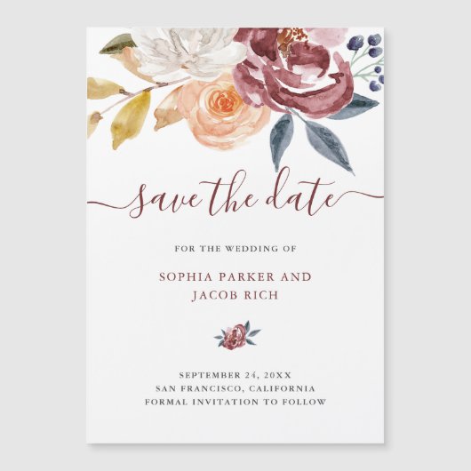 バーガンディの水彩画の花柄|の結婚の保存日付 (正面)