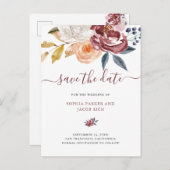 バーガンディの水彩画の花柄|の結婚の保存日付 案内ポストカード (正面/裏面)