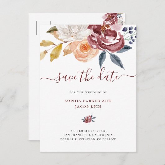 バーガンディの水彩画の花柄|の結婚の保存日付 案内ポストカード (正面/裏面)