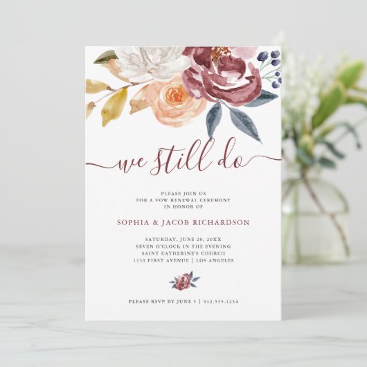 バーガンディの水彩画の花柄|の結婚式誓約の更新 招待状