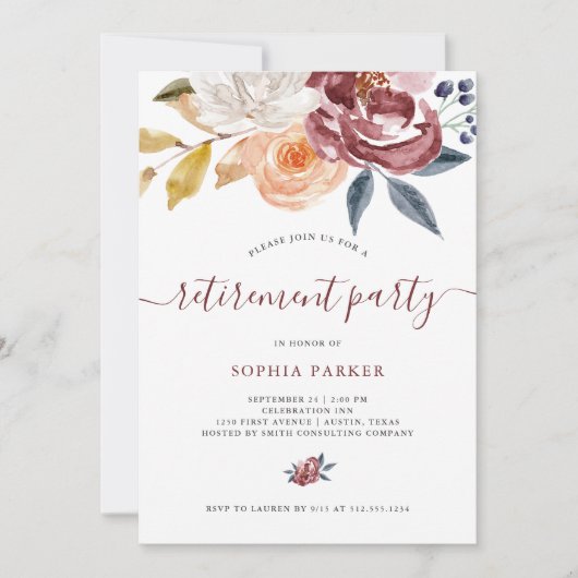 バーガンディの水彩画の花柄|の退職パーティー 招待状 (正面)