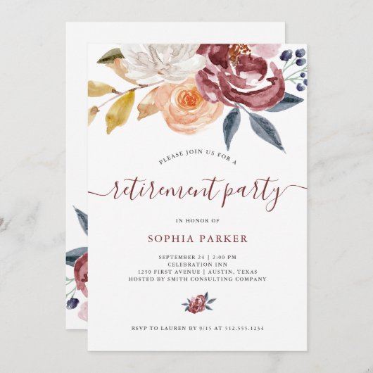 バーガンディの水彩画の花柄|の退職パーティー 招待状 (正面/裏面)