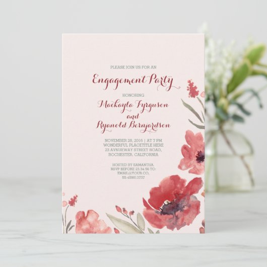 バーガンディの水彩画の花模様のかわいい婚約パーティ 招待状 (スタンド正面)