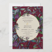 バーガンディの水彩花の葉の金のフレームの結婚式 招待状 (正面)