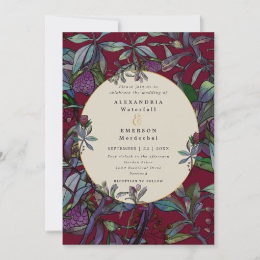 バーガンディの水彩花の葉の金のフレームの結婚式 招待状 (正面)