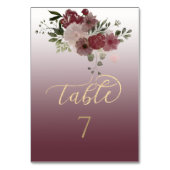 バーガンディの水彩花模様と金のカリグラフィー テーブルナンバー (裏面)