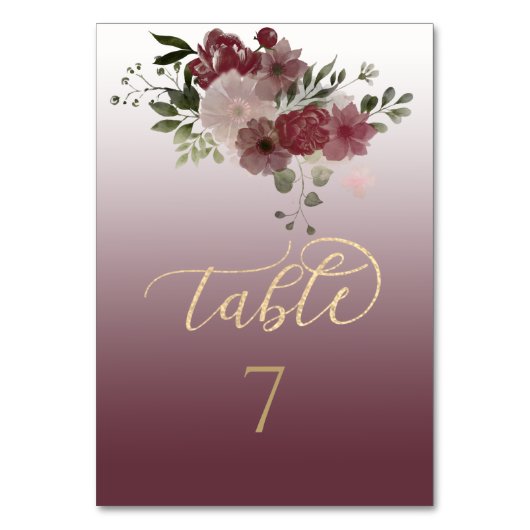 バーガンディの水彩花模様の金色カリグラフィー テーブルナンバー (正面)