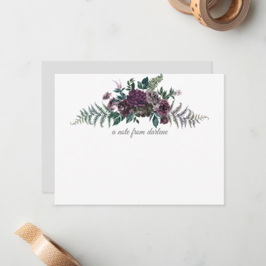 バーガンディの灰色の緑の水彩画の花柄のモノグラム ノートカード (正面/裏面インサイチュ)