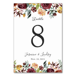 バーガンディの素朴なオレンジ水彩画の花の結婚式 テーブルナンバー