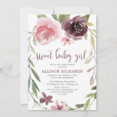 バーガンディの素朴な赤面の花の女の子のベビーシャワー 招待状 (正面)