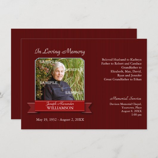 バーガンディの細い縦縞の旗の記念物の通知 招待状 (正面/裏面)