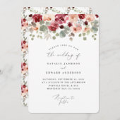 バーガンディの緑の水彩画の花の結婚式 招待状 (正面/裏面)