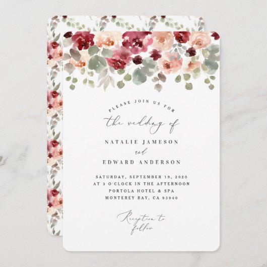 バーガンディの緑の水彩画の花の結婚式 招待状 (正面/裏面)