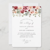 バーガンディの緑の水彩画の花の結婚式 招待状 (正面)