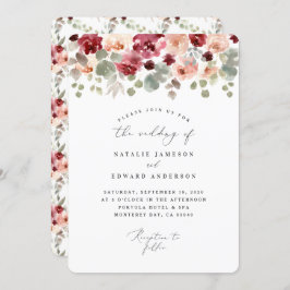 バーガンディの緑の水彩画の花の結婚式 招待状