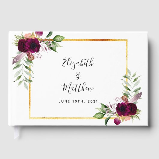 バーガンディの花々緑のエレガントな結婚式 ゲストブック (正面)