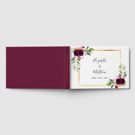 バーガンディの花々緑のエレガントな結婚式 ゲストブック (全面)