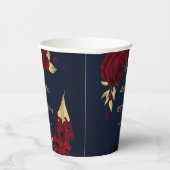 バーガンディの花とゴールドの葉 ネイビーブルー 紙コップ (右)