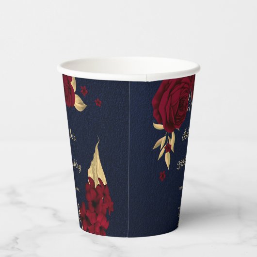 バーガンディの花とゴールドの葉 ネイビーブルー 紙コップ (右)