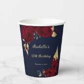 バーガンディの花とゴールドの葉 ネイビーブルー 紙コップ (正面)