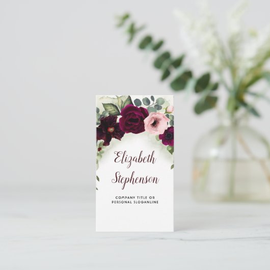 バーガンディの花と緑のガーランドエレガントボホ 名刺 (スタンド正面)
