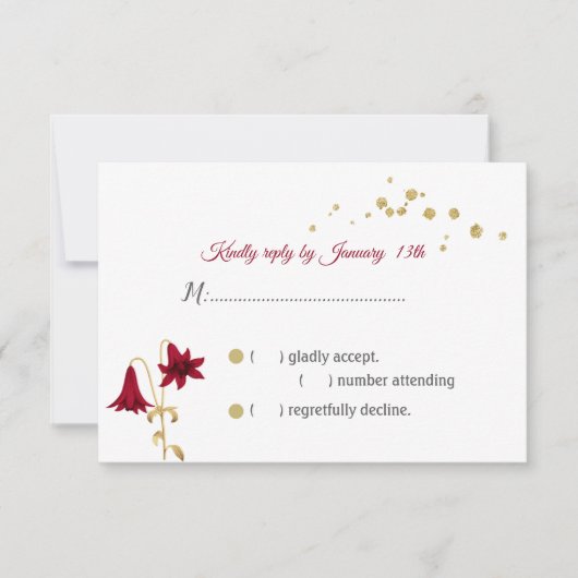 バーガンディの花と金ゴールド葉RSVPカード 出欠カード (正面)