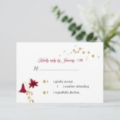 バーガンディの花と金ゴールド葉RSVPカード 出欠カード (スタンド正面)