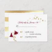 バーガンディの花と金ゴールド葉RSVPカード 出欠カード (正面/裏面)