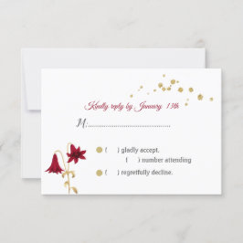 バーガンディの花と金ゴールド葉RSVPカード 出欠カード